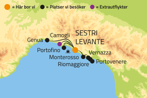 Geografisk karta ver Cinque Terre i Ligurien, Italien.